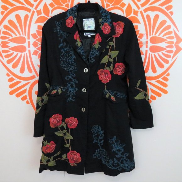 paparazzi Jackets & Blazers - Paparazzi Black & Red Embroidered Roses Jacket